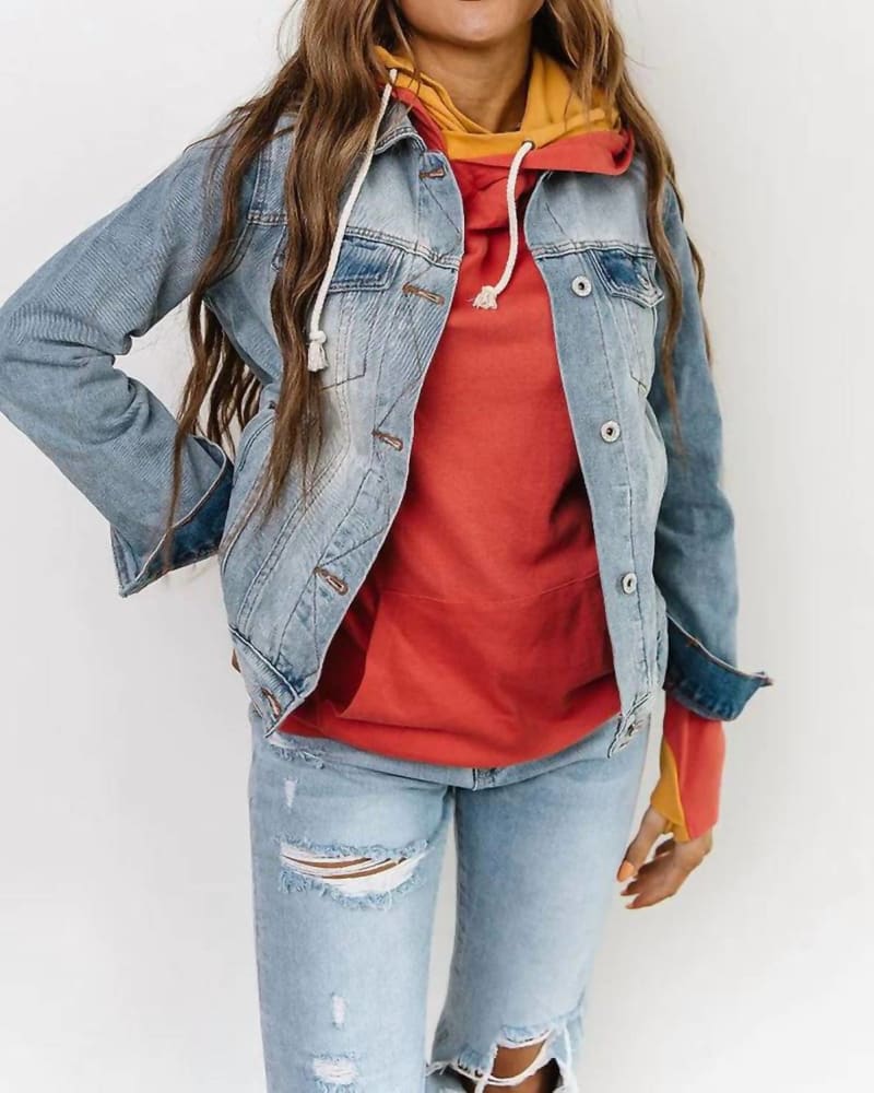 Front of a model wearing a size 3XL Denim Jacket in Light Wash in Light Wash by AMPERSAND AVE. | dia_product_style_image_id:326175